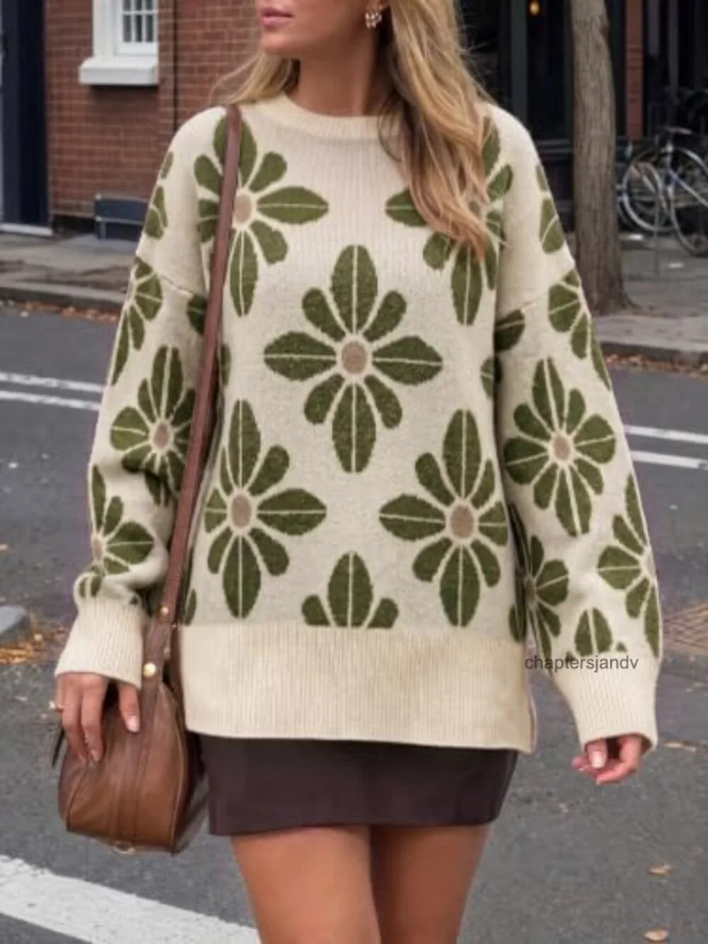 Womens Oversized Floral Chunky Ribbed Knit Sweater Crew Neck Pullover